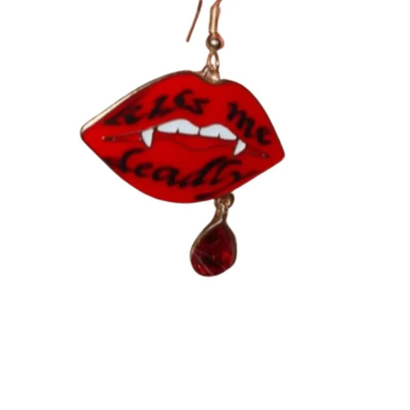 Spirit Halloween Women's Red Kiss Me Deadly Dangle Vampire teeth lips Earrings - Picture 3 of 6